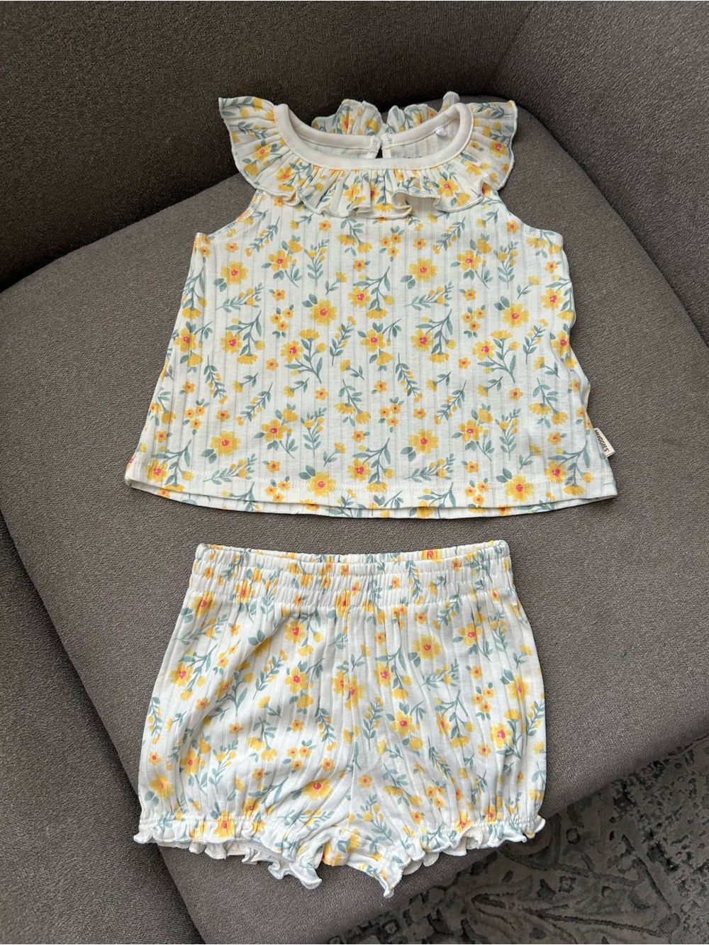 Girls Cream Yellow Floral Ruffle Neck Set